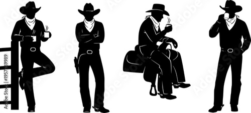 cowboy, silhouette, hot drink, cup, relaxing, chill, western, wild west, hat, boot, sitting, drink, beverage, male, man, person, retro, vintage, cowboy hat, ranch, countryside, peaceful, calm, quiet, 