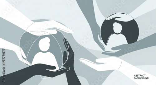 Hands protecting and supporting human silhouettes in a monochromatic illustration