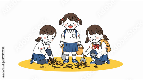 Three cheerful Asian schoolgirls in uniforms, backpacks on, enthusiastically gardening and planting together, using shovels and a bucket, depicted in a charming, simple cartoon style on a ye