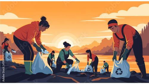Diverse group of volunteers in stylized flat art collecting plastic waste on a serene lakeshore at sunrise, promoting environmental conservation and sustainability.