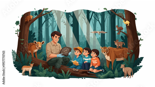 Enthusiastic Park Ranger Teaches Engaged Children About Forest Wildlife in a Lush, Verdant Woodland Setting, Engaging Interactive Outdoor Education