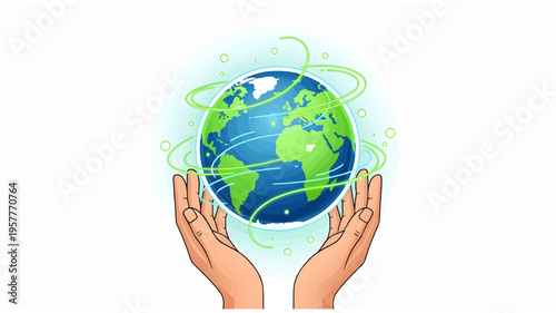 Gentle human hands cradle a vibrant, swirling blue and green planet Earth, radiating ethereal light and organic green energy trails, symbolizing global care and environmental conservation.