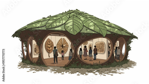 Whimsical eco-friendly art gallery with leaf-shaped roof and organic openings showcasing botanical prints to diverse visitors in a surreal, nature-inspired setting.