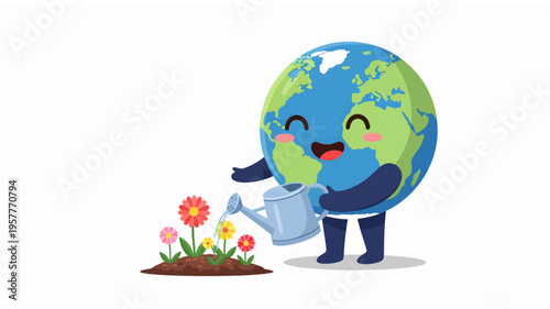 Adorable, anthropomorphic cartoon Earth character smiling joyfully while watering a vibrant bed of colorful flowers with a watering can, representing growth and nurturing the planet with a c