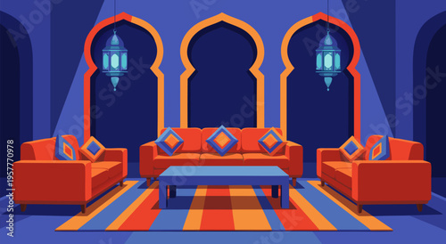 Moroccan Living Room Vector Illustration Featuring Ornate Archways and Modern Furniture, A Vibrant and Cultural Interior Design Concept
