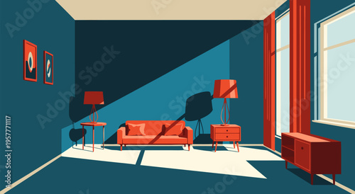 A minimalist vector illustration depicting a mid-century modern living room bathed in dramatic sunlight and shadow