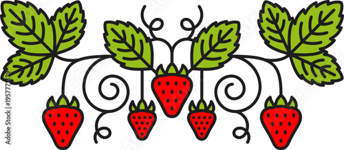 Forest sweet strawberry divider or decoration. Forest plant frame border, garden fruit decoration separator. Ripe strawberry divider