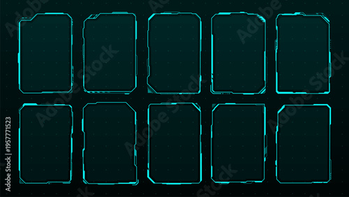 Futuristic HUD frames, future technology display interface elements. Computer game futuristic blue neon HUD frame. Mobile arcade futuristic vector electronic led light UI borders or overlay banners