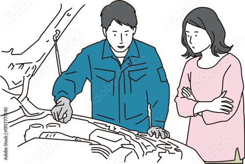 車の点検中の整備士と女性のイラスト素材