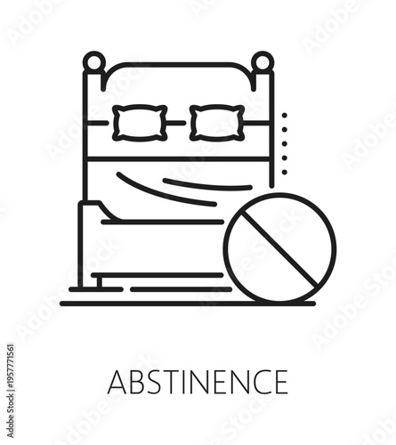 Abstinence contraception method line icon or label. Family planning outline vector icon, birth control symbol. Contraception method pictogram or sign with double bed and prohibition sign