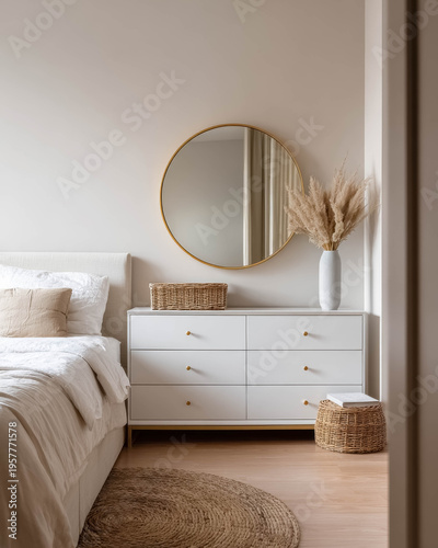 Minimal bedroom interior with dresser mirror and neutral decor