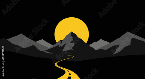 Sunset over mountain range landscape scene.