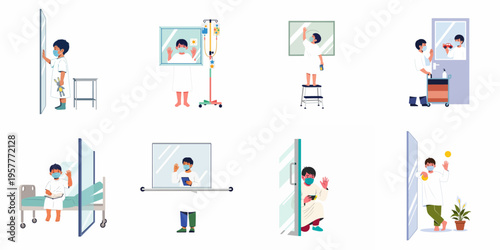Comprehensive vector set depicting a young boy in a hospital gown and face mask, experiencing isolation while waving behind windows and glass partitions.