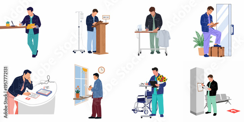 Flat vector illustrations of a male medical professional in scrubs and a denim jacket performing administrative tasks in various hospital and healthcare settings.