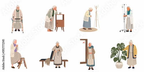 Set of flat vector illustrations of an elderly woman's daily life, featuring religious devotion with a rosary and various senior health situations.