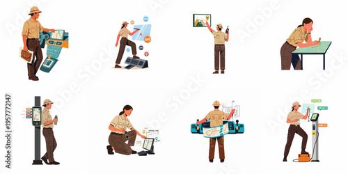 A collection of male and female explorers in khaki uniforms using high-tech navigation systems, digital maps, and touchscreens for field research and communication.