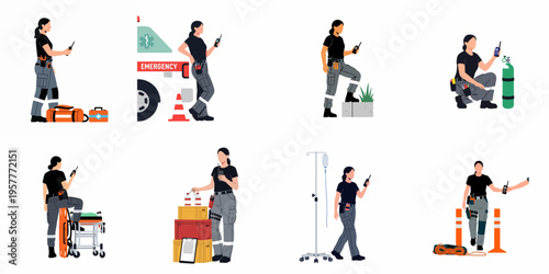 Flat vector illustrations set of a female paramedic in various professional poses, including medical response, equipment handling, and emergency communication.