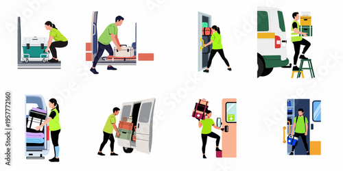 Set of illustrations depicting workers in uniforms manually handling and loading various cargo, equipment, and medical supplies into transport vehicles.