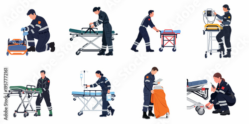 Flat vector illustrations of male and female paramedics in uniforms working with medical equipment, stretchers, and gurneys on a white background.