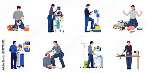 Flat vector illustration set of paramedics and emergency medical technicians using defibrillators and life-saving equipment in various healthcare scenarios.