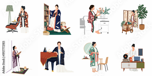 Collection of elegant women in kimono robes participating in various lifestyle activities at home, flat vector illustration.