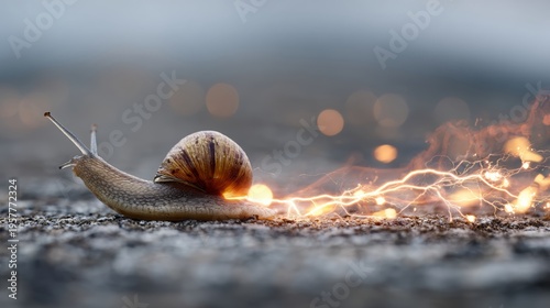 Snail moving with electric speed, illustrating concepts of rapid progress, unexpected alacrity, and overcoming limitations with newfound power and energy