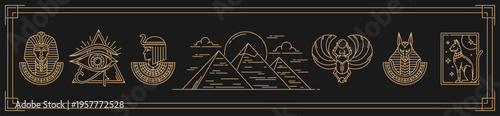 Sacred egyptian symbols with vector line ancient Egypt pharaoh pyramids, scarab and Cleopatra. Sacred egyptian black cat, eye of Horus and Tutankhamun, god Anubis and Bastet in outline geometric frame