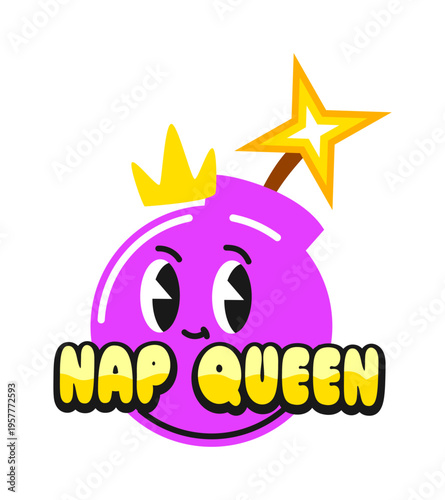 Nap queen bomb and TNT vintage Y2K sticker or patch. Bomb vintage funky vector tag, TNT grenade isolated retro hippie patch. Pink bomb explosion cute character in crown Y2K sticker or label
