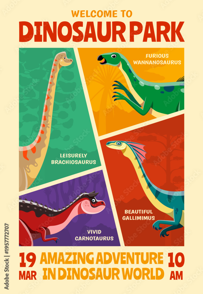 Fototapeta premium Dinosaur park poster with cartoon jurassic dino at prehistoric jungle trees silhouettes vector background. Cute brachiosaurus, carnotaurus, wannanosaurus and gallimimus dinosaurs, dino park poster