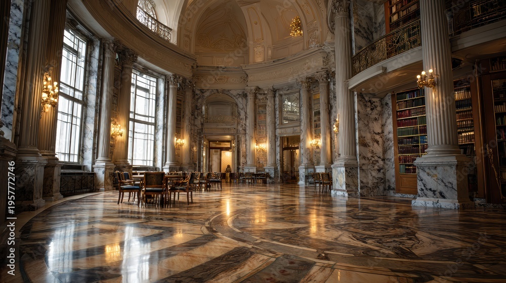 Obraz premium Elegant Reading Hall Featuring Marble Textures and a High Ceiling Bathed in Soft Ambient Light With Balanced Shadows at a Library