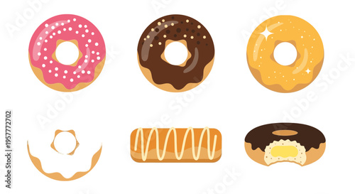 Six assorted sweet baked goods including three donuts one filled donut one long donut and one powdered sugar donut