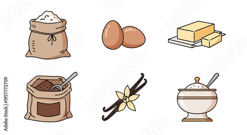 Six baking ingredients illustrated in a twobythree grid on white
