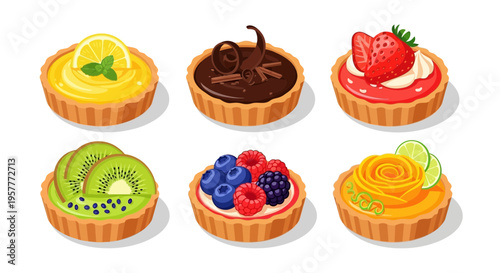 Six colorful fruit and chocolate tarts arranged in two rows on a white background
