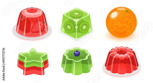 Six colorful fruitflavored gelatin desserts in various shapes on a white background