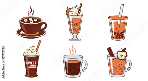 Six illustrated autumnthemed drinks arranged in two rows
