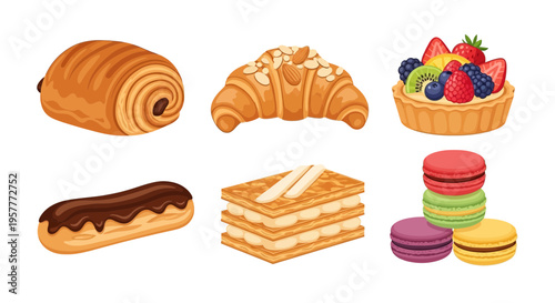 Six illustrations of French pastries including croissants éclairs tarts and macarons
