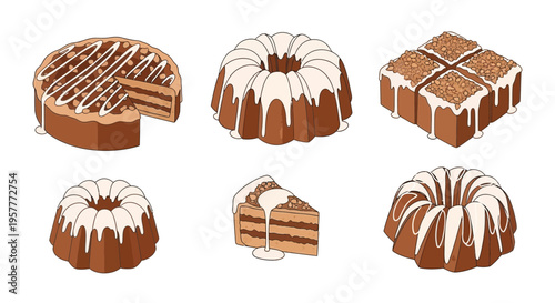 Six illustrations of brown cakes with white icing and nuts