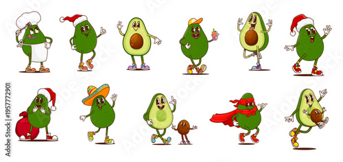 Mexican groovy avocado fruit characters with cute baby seeds, vector retro hippie food. Cartoon groovy green avocado fruits with happy faces wearing sombreros, superhero costumes, chef and Santa hats