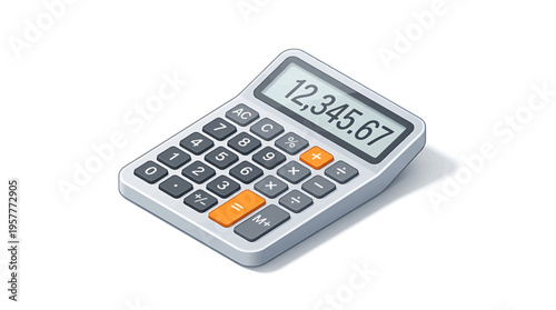 A modern white calculator displaying the number 12,345.67 on its screen, positioned on a white background