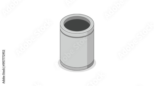 Minimalist isometric vector illustration of a grey cylindrical waste bin, ideal for office or home environments, representing a simple refuse disposal container for trash and recycling