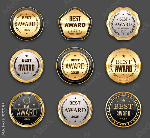 Golden best award seals, badges and labels, luxury medal and marks with vector laurel wreaths and ribbons. Golden, silver and black metal badges of best award and premium quality guarantee certificate