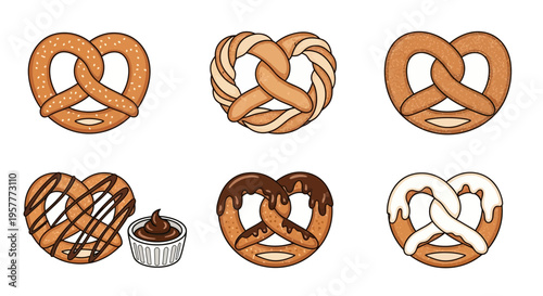 An illustration of six different styles of pretzels arranged in two rows