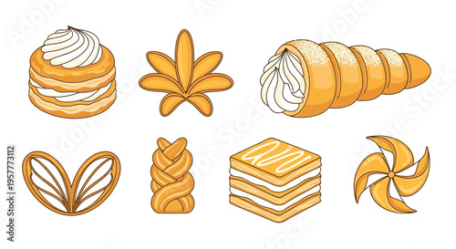 An array of eight distinct illustrated pastries and baked goods on white