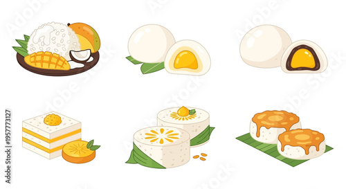 Assortment of six different Asian dessert illustrations on a white background