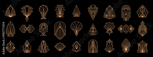 Art deco borders, frames and decor elements. Vector gold line ornament frames and geometric pattern borders set with elegant art deco corners and arches for vintage luxury cards and ornate invitations