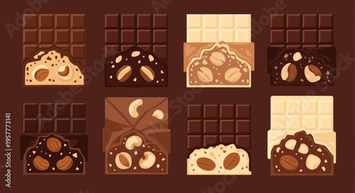 Eight chocolate bars milk dark and white some showing nut fillings