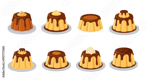 Eight different chocolatetopped puddings arranged in two rows