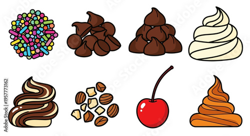 Eight clusters of dessert toppings and swirls on white