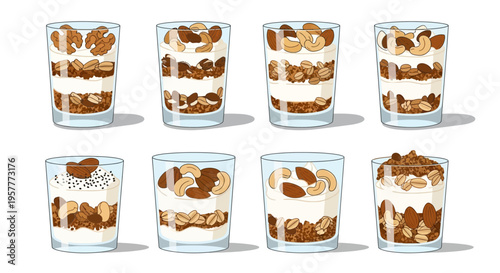 Eight servings of yogurt parfaits with nuts and granola in clear glasses