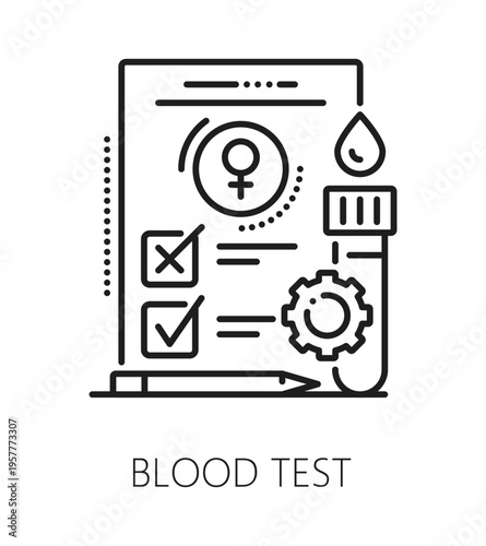 Blood test gynecology, reproductive healthcare line icon. Reproductive health sign, gynecology lab testing and fertility vector symbol. Pregnancy healthcare icon with medical laboratory document